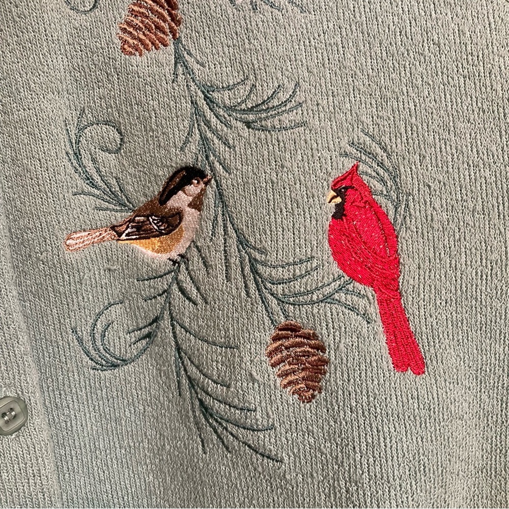 Vintage Bon Worth Embroidered Birds Knit Cardigan Grandmacore Blue Green - Picture 6 of 10